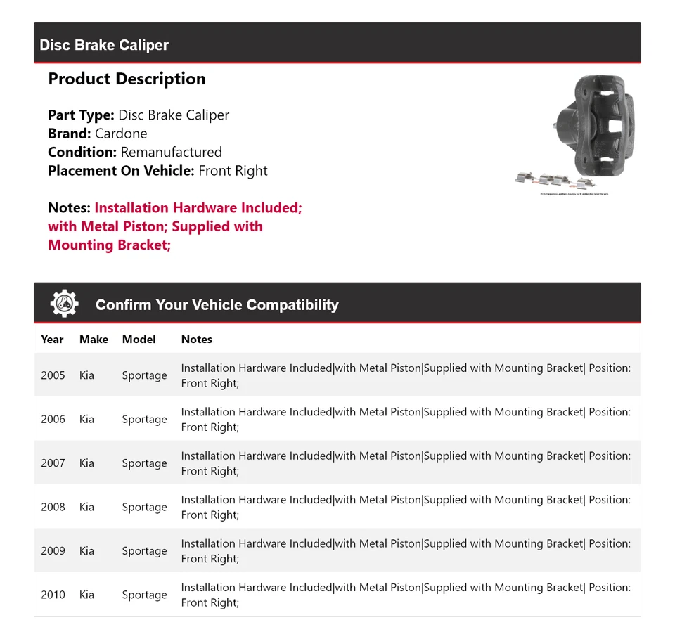 Pinza de freno de disco delantera derecha Cardone 2006 2007 2008 para Kia Sportage 2005-2010 Foto 2 de 4