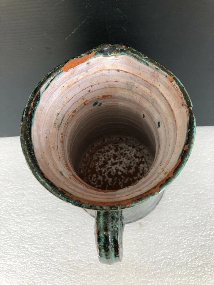 ancien pichet broc verseuse cruche terre cuite vert poterie email art populaire - Photo 3/4