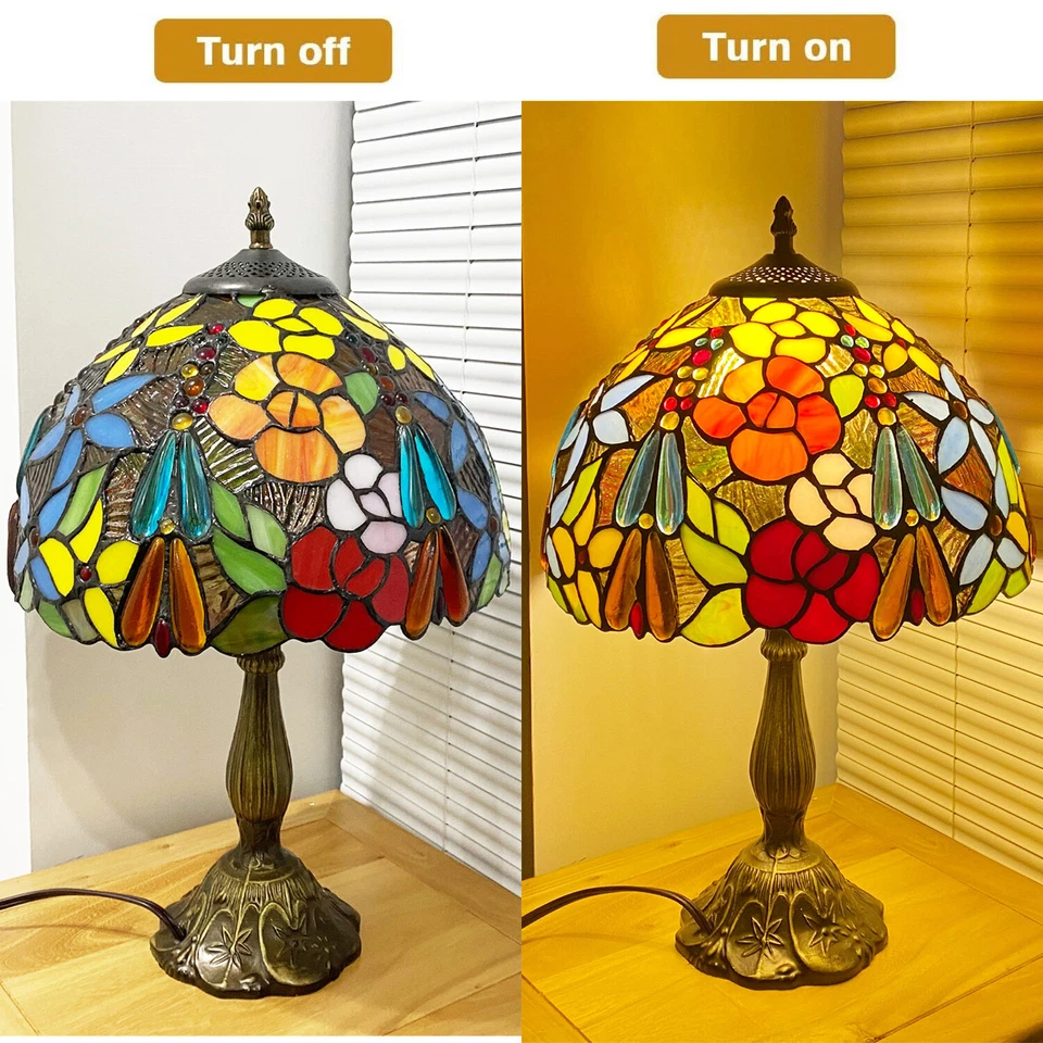 Tiffany style Vintage Stained Glass Table Lamp Rose Floral Desk Light 18" Tall - Image 4 of 4