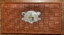 TAN BASKETWEAVE LEATHER CHECKBOOK COVER MONTANA SILVER BARREL RACING CONCHO