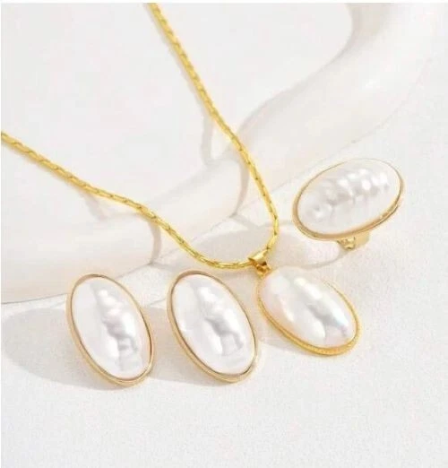 Conjunto de collar pendientes anillos conjuntos de joyas para mujer imitación perlas blancas chapado en oro nuevo Foto 3 de 4