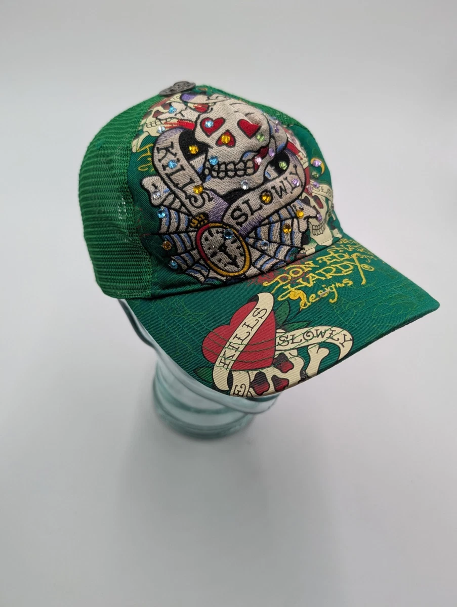 RARE Ed Hardy Snapback Trucker Hat Rhinestones Skull Love Kills Slowly Green y2k Ed hardy hat rare - Gem main image 3