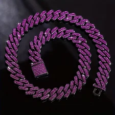 Hip Hop Purple Cubic Zirconia Iced 15mm 20" Cuban Hematite Chain Bling Necklace