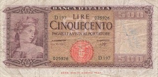 Italia Italy 500 Lire 1947 P69 VG (serie D197)