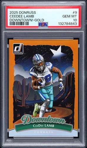 CEEDEE LAMB PSA 10 2025 PANINI DONRUSS #9 DOWNTOWN! GOLD 06/10 COWBOYS