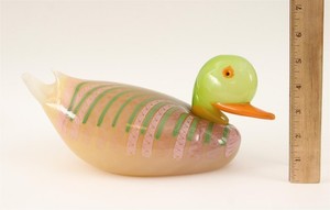 Signed FRANCO MORETTI Murano Italian Zanfirico & Green Art Glass DUCK Sculpture