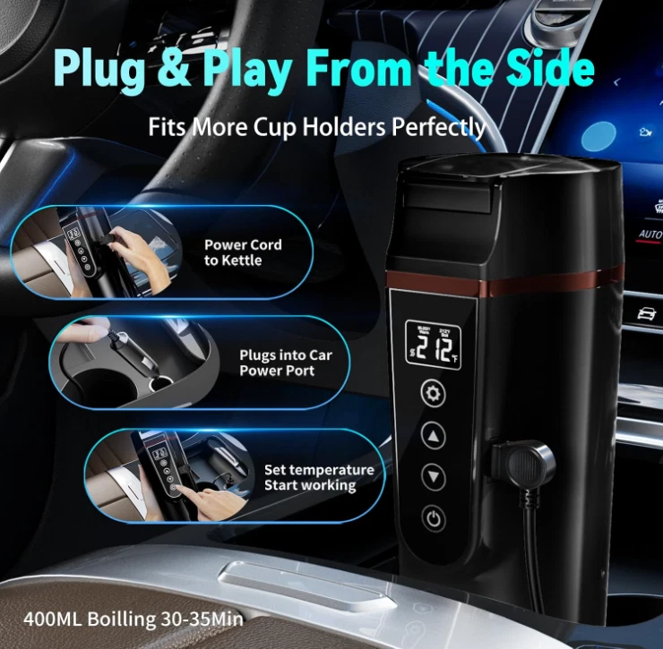 Hervidor eléctrico portátil 12V/24V 400 ml acero inoxidable con pantalla LCD Foto 4 de 4