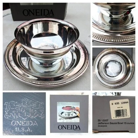 Oneida Serving Bowl Silverplate Small Jefferson Sauce w/Attached Underplate IOB - Image 3 of 4
