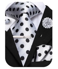 Men's Black White Dots Neckties Set Formal Silk Tie and Pocket Square Lapel