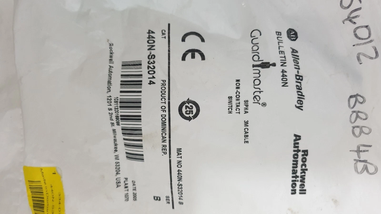 Allen-Bradley Bulletin 440N bag label: Sipha 3M cable non-contact switch, CAT 440N-S32014