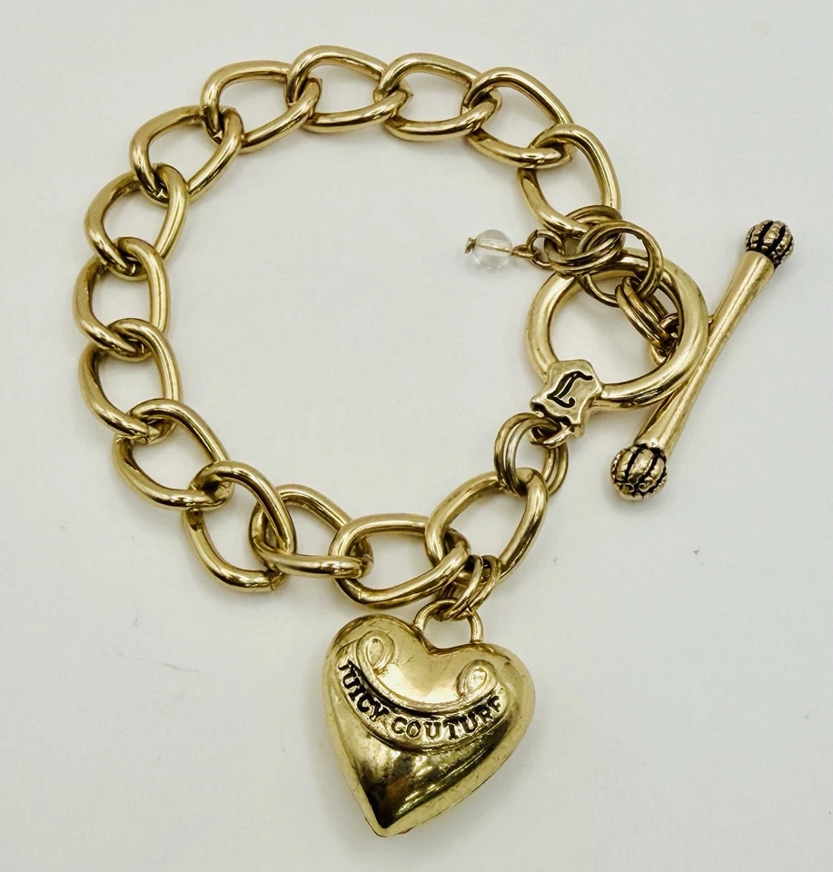 Juicy Couture браслет пухлое сердце переключатель застежка золотистый кубинский ссылка Y2K винтажный - Изображение 2 из 4