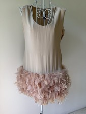 Mango MNG Feather Hem Mini Dress Beige Blush Party Cocktail Size M