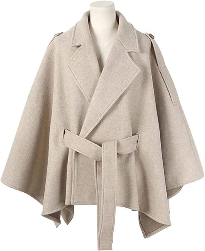 Para Mujer Elegante Cuello Solapa Mezcla Lana Pajarita Poncho Capa Chaqueta con Cinturón Foto 3 de 4