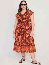 New Old Navy Dress Women Ruffle V neck Floral Paisley Midi Dress S,M