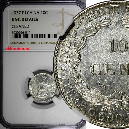 French Indo-China Silver 1937 10 Cents 1 Year Type NGC UNC DETAILS KM# 16.2 (4) 