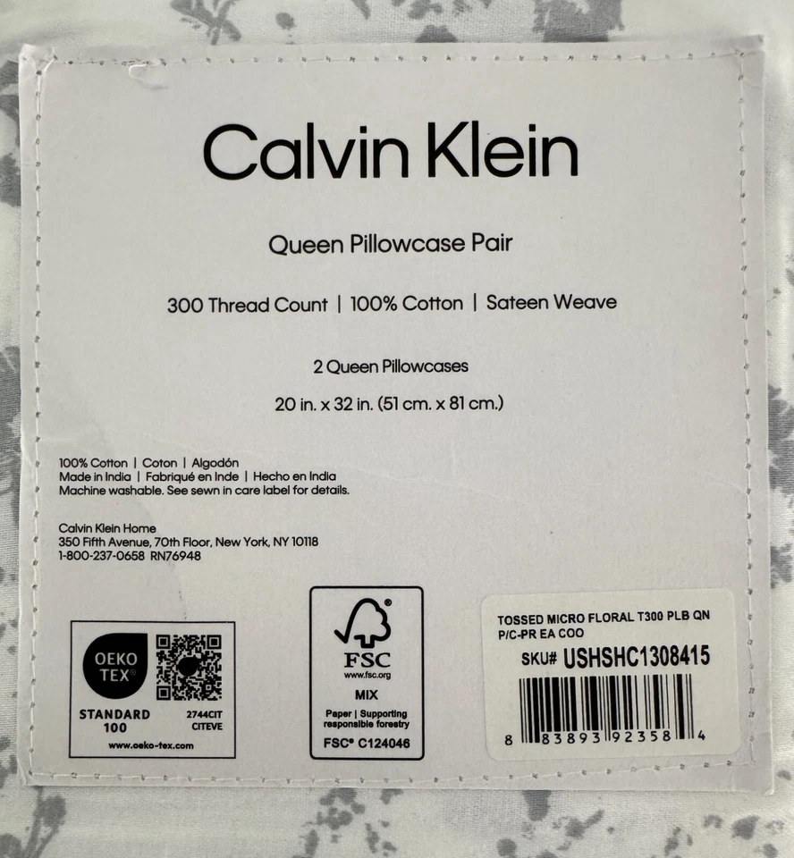 Nuevo en Paquete Fundas de Almohada Estándar Calvin Klein Queen 2 Piezas 100% Algodón Tejido Satén Gris Foto 3 de 3