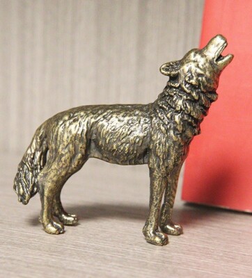 Brass Howling Wolf Animal Statue Small Sculpture Tabletop Figurine Decor Gifts