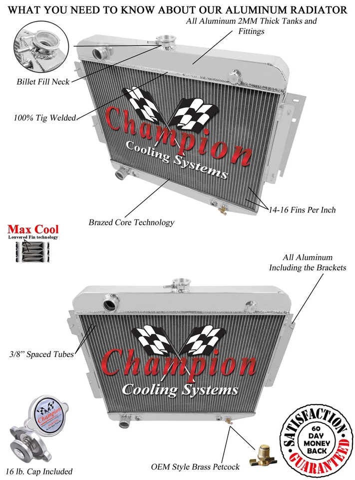 66 67 68 69 Dodge Charger Dual Driver Champion 3 Row Aluminum Radiator CC1638 Foto 3 de 4