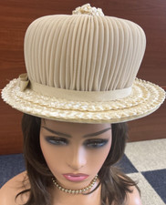 Unique Vintage Pleated Chiffon and Straw Brim Hat Union Made Style 553914 Taupe