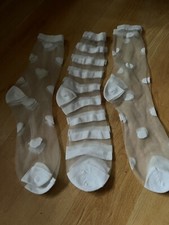 Ladies White Sheer Patterned Socks Heart/Stripe/Spot Size 4x7 (3 pairs) 