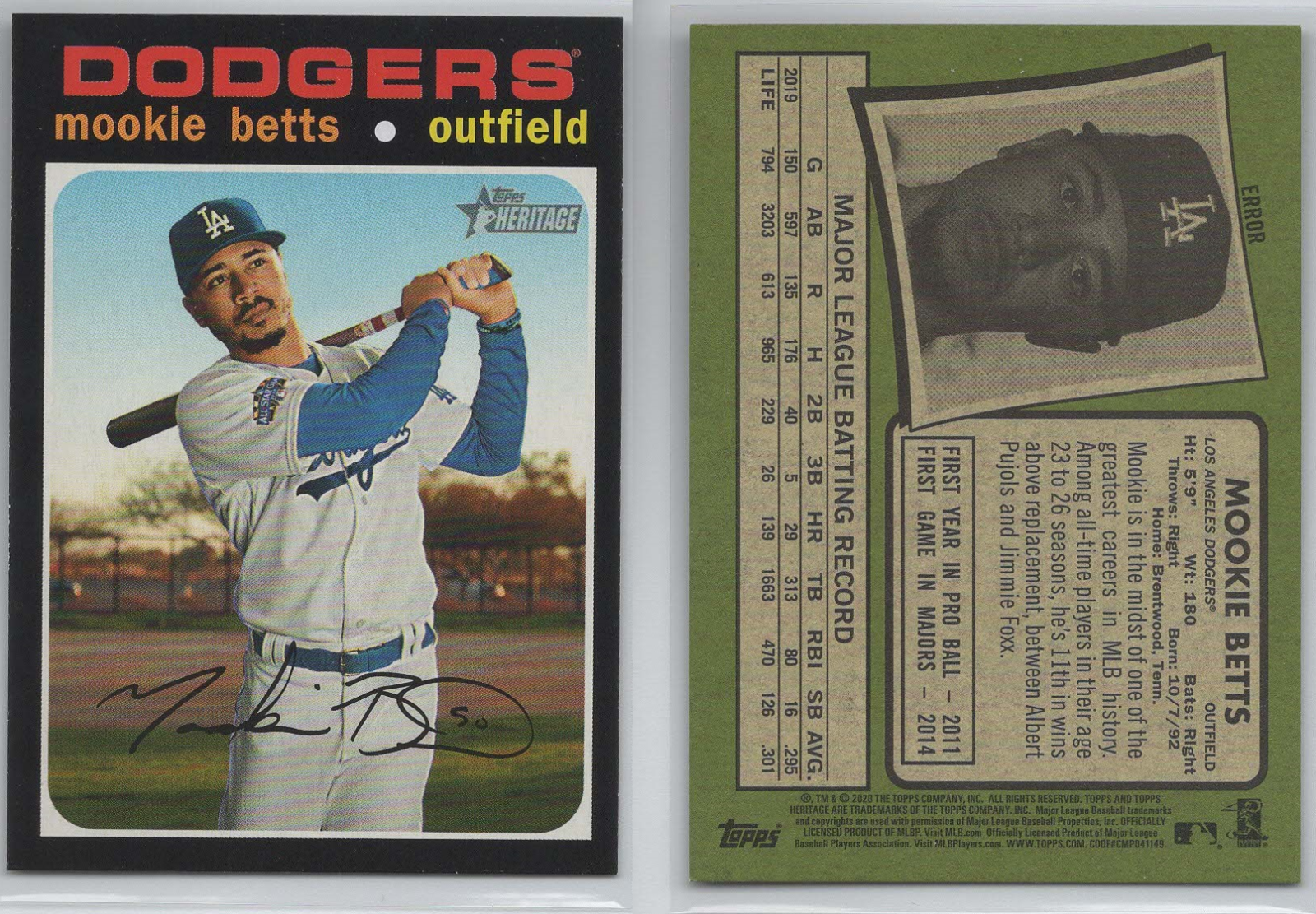 2020 Topps Heritage Mookie Betts SSP Error Variation No Number Mint