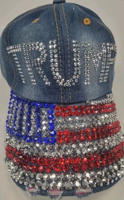 Womens Denim  Trump Hat Cap Flag Rhinestones MAGA 2024 Distressed Style