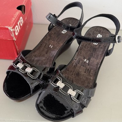 Ara Womens 8.5 Patent Leather Sandals Wedge Pumps Open Toe Buckle Rhinestone
