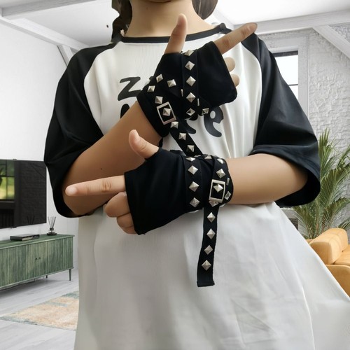 Black Rivet Strap Gloves with Buckle Straps YK Hot Girl Gloves JK Girl - Picture 6 of 8