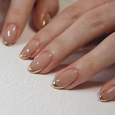 24Pcs False Nails French Tip - Nude Gold Edge Press on Nails Short Almond - Stro