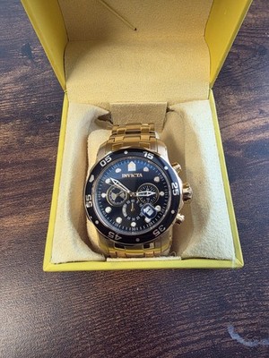 Invicta Mens PRO DIVER SCUBA Chronograph Black Dial 18Kt Gold Plated Watch 0072