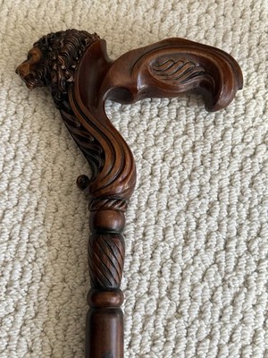 Wood Carved Handcrafted Lion Head Wooden Walking Stick Luxury Collectible Cane