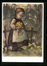 Artist postcard Bumblebee: girl picking yellow flowers 1940 