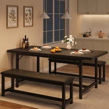 3 Piece Dining Table Set for 4-6, 63" Extendable Thick Metal Frame Kitchen Ta...