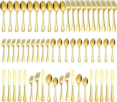 12-person gold tableware set, 60-piece stainless steel shiny gold tableware set