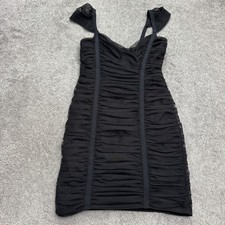 BCBGMaxazria Shirred Tulled Ruched Mesh Bodycon Mini Dress Womens XS Black LBD