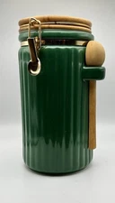 Green Ceramic Airtight Kitchen Canister w/ Wood Lid & Spoon – 7-8 Cup Storage