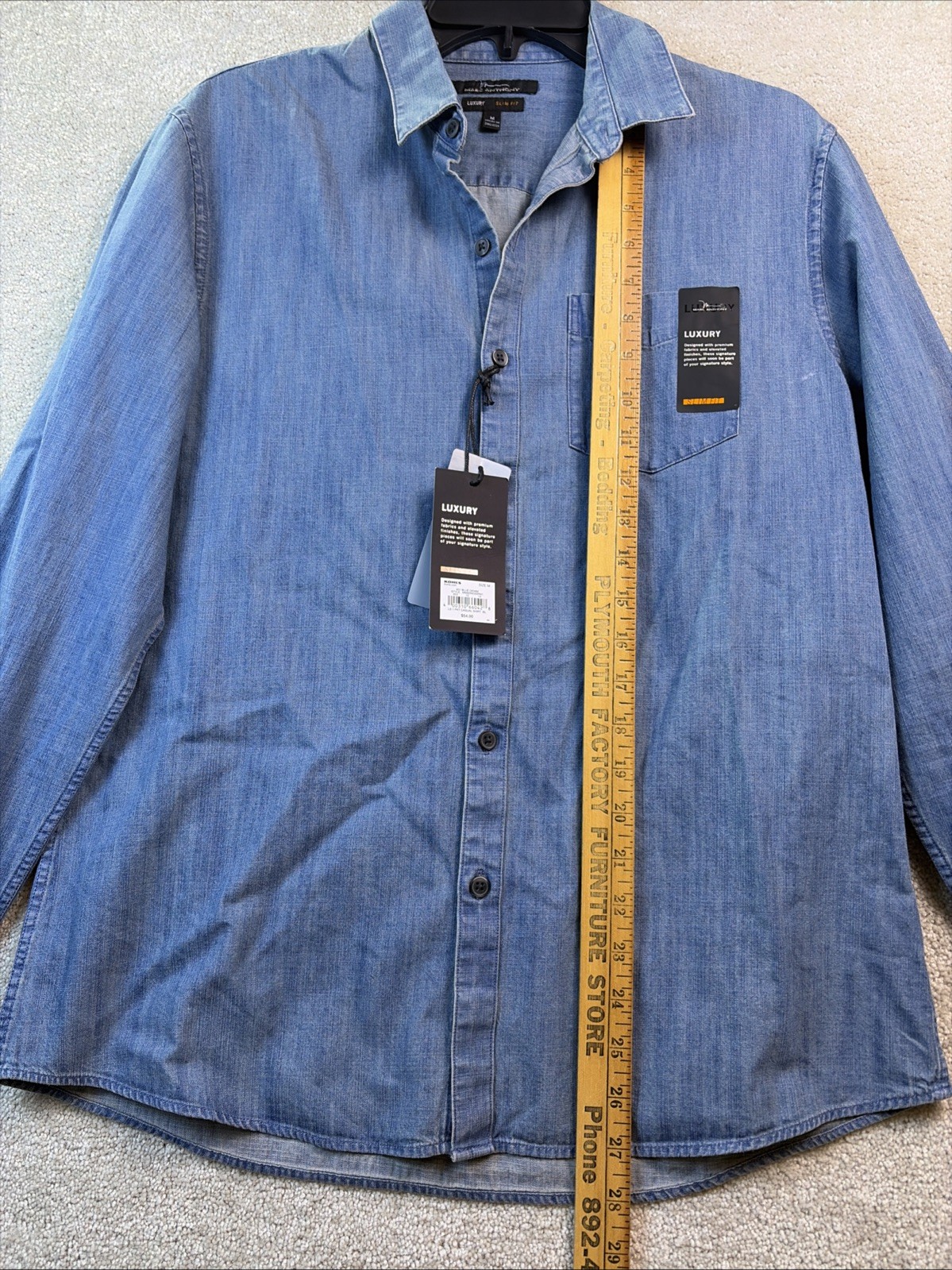 Marc Anthony Shirt Men Medium Blue Denim Long Sleeve Slim Fit Button Front NEW