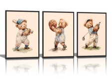 Teddy Bear Sports Nursery Animal Wall Art Cute Woodland Rugby Wall Decor Pict...