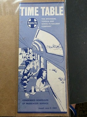June 8, 1969  Atchison Topeka & Santa Fe Railroad Passenger Timetable W/Map