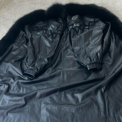 Black Leather Long Coat with Fur Trim Collared Overcoat for Women