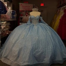 Glitter Sky Blue Princess Quinceanera Dresses Beaded Corset Ball Gown Sweet 16