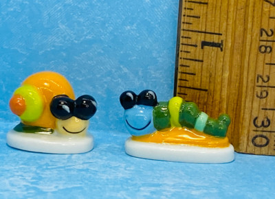 Tiny SNAIL & CATERPILLAR Figurines Porcelain French Feve Dollhouse Miniature