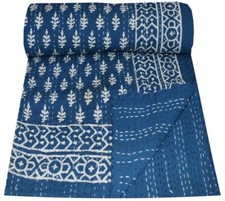 Indigo Blue Hand Block Print Kantha Quilt Throw Cotton Bedspread Boho Blanket