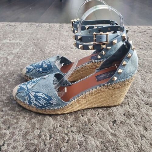 Valentino Garavani Rockstud Double Butterfly Espadrille Wedge Sandal in Denim 39 - Picture 5 of 10