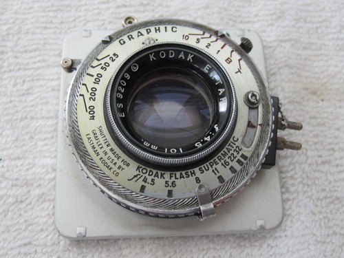 Eastman Kodak 101mm f4.5 Ektar Objektiv mit Grafikverschluss & Metall 2,5" Objektivplatine