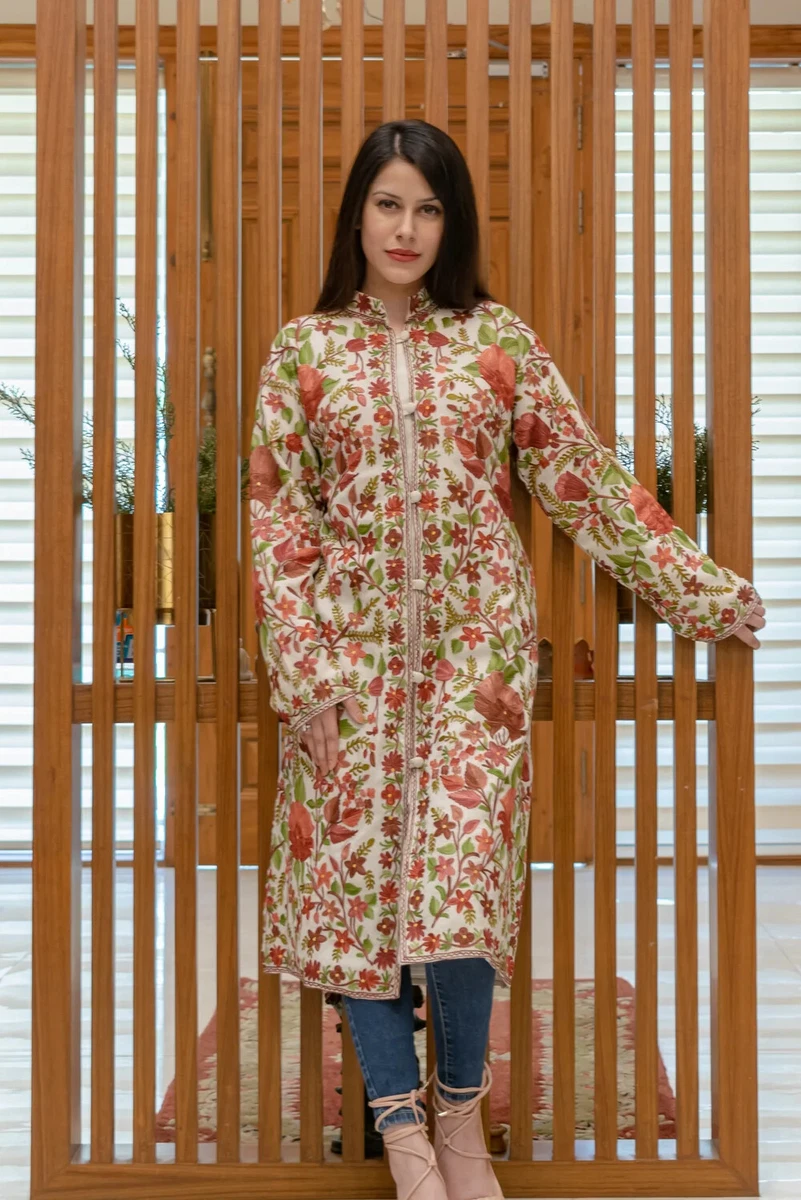 Off White Kashmiri Aari Embroidered Long Coat eBay
