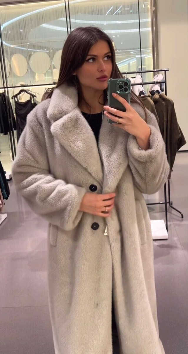Zara Long Faux Fur Coat Lapel Collar Grey Size XS S M Small Zara Long Faux Fur Coat Lapel Collar Grey Size XS S M Small