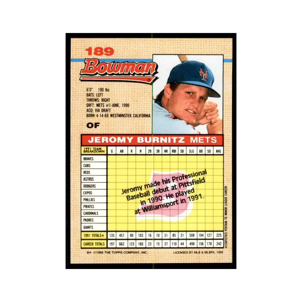 1992 Bowman Jeromy Burnitz Baseball Cards #189 - Image 2 of 3