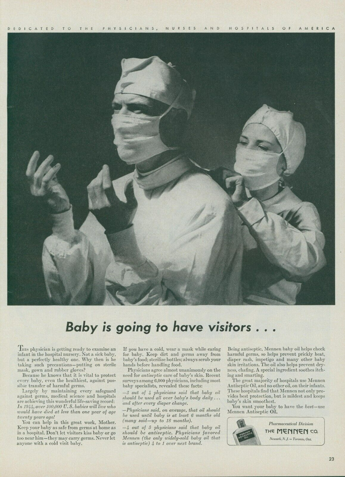 1944 Mennen Antiseptic Oil Vintage Doctor Nurse Gown Mask Baby Protection Ad L20