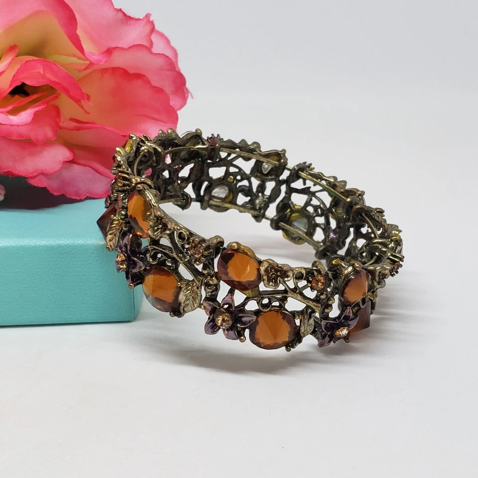 Brazalete Floral Tono Dorado Antiguo Estrás Rivoli Lucite Color Ámbar Foto 3 de 4